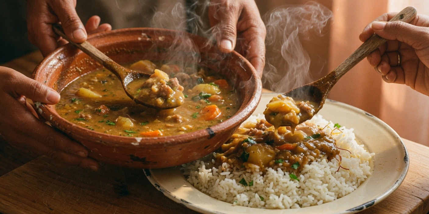 Concept close-up of hands serving stew