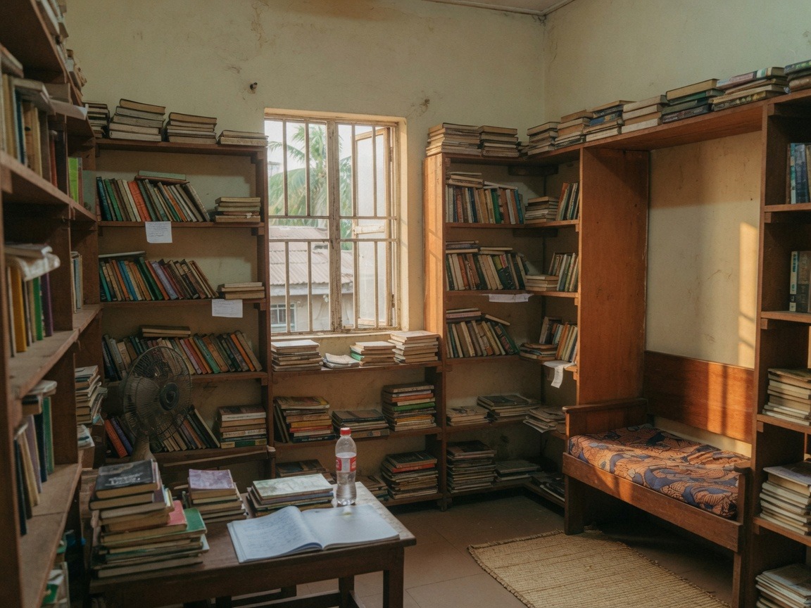 Concept still of a small community library interior