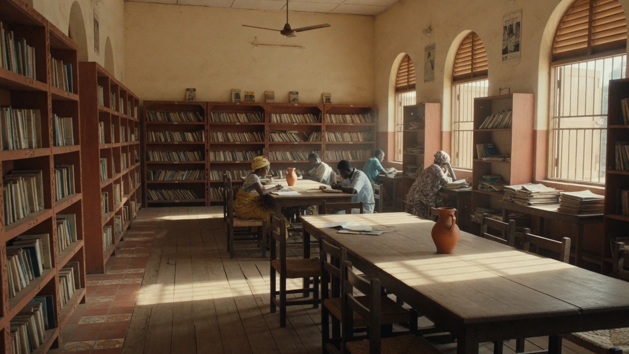 Atmospheric photograph of a public library reading room